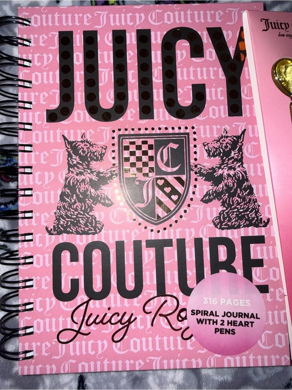 Juicy Couture Pink and Gold Spiral Journal with Heart Pens